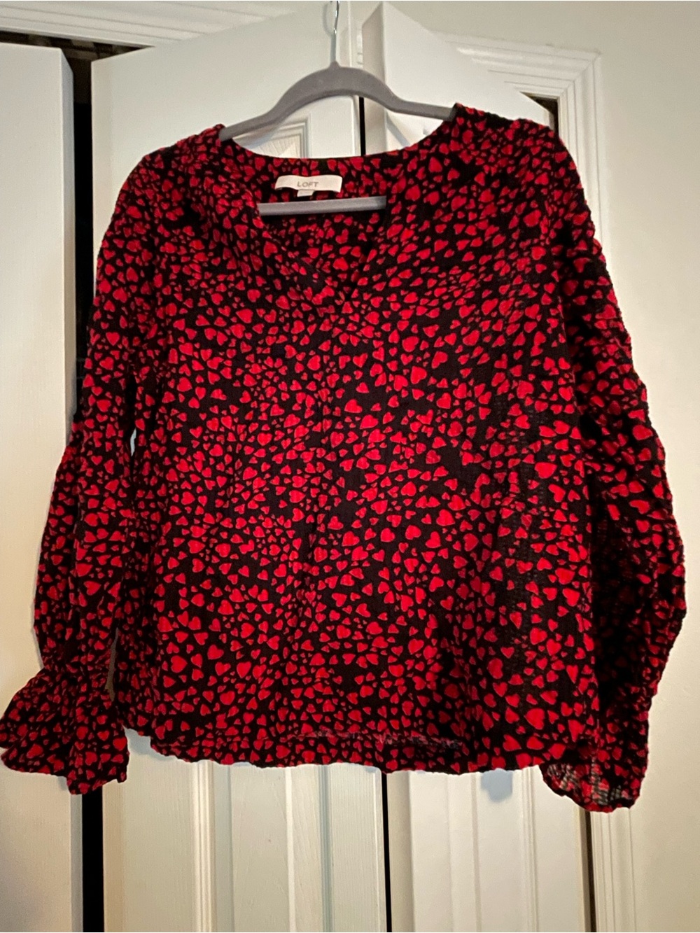 LOFT Black Blouse with Red Heart Print